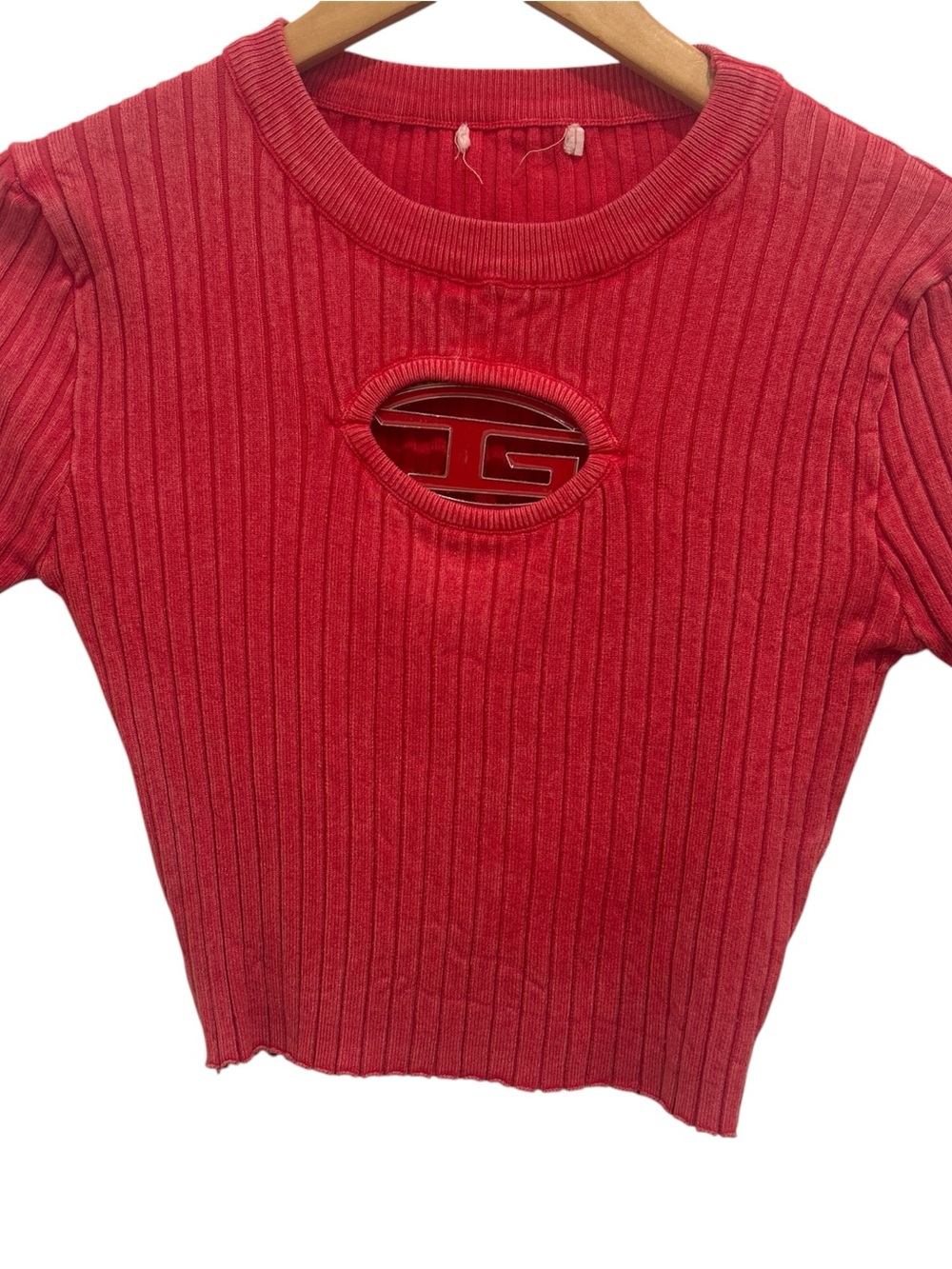 Diesel Red Ribbed Short Sleeve Crop Top with Center Cutout